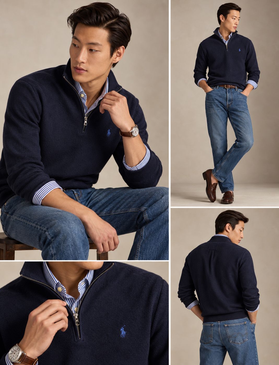 Suéter jaspeado de medio cierre Polo Ralph Lauren - Azul marino